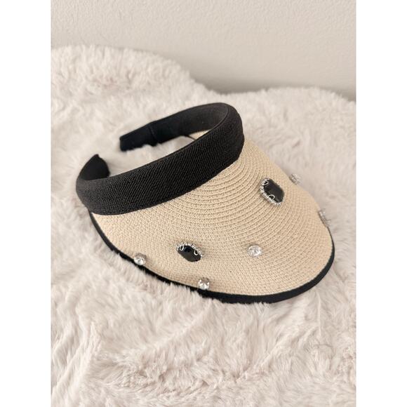 Renato Balestra Embellished Pearl Beaded Sun Visor‎ Hat Natural Straw - Picture 3 of 6